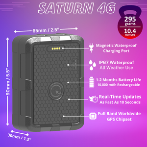 Saturn + 1 Year Worldwide Plan (No Monthly Fee) - Magnetic Waterproof GPS Tracker | 1 to 2 Months Battery Life